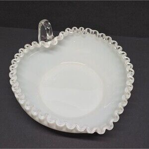 Vintage Fenton Silver Crest White Milk Glass Heart Ruffle Candy Dish Bowl 8"